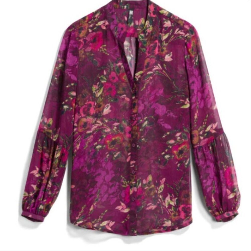 Kut from the Kloth | Purple Floral Semi Sheer Long Sleeve Blouse Size MP